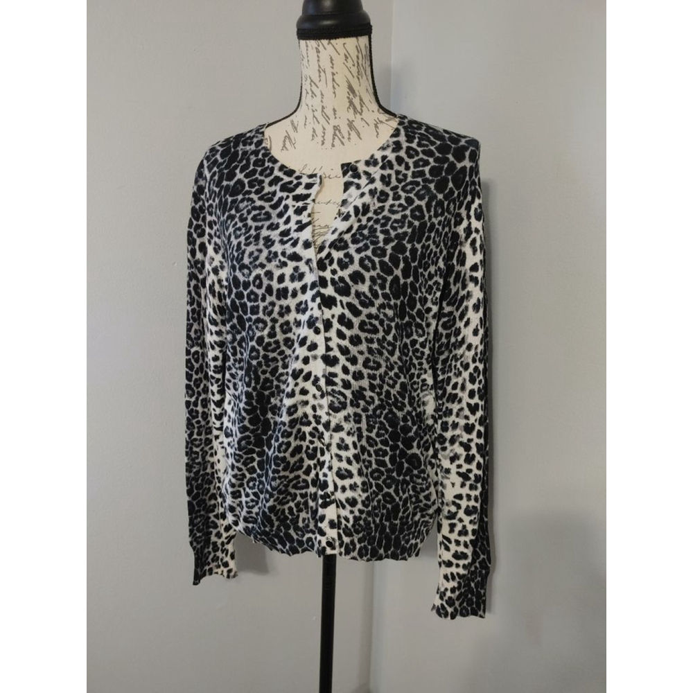 Women's Ava Paige Leopard Print Cardigan L Black (Faintly Blueish) White
